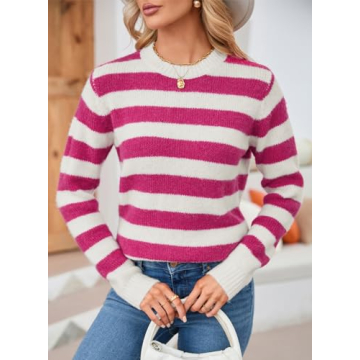 Dokotoo Womens Sweaters Elastic Crewneck Color Block Knit Tops Cute Loose Long Length Wool Comfy Fitted Juniors Pullover Sweater Womens Fall Fashion 2024 Pink Small
