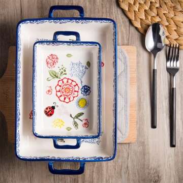 Bicuzat Vintage Style Flower and Butterfly Ladybug Pattern Bakeware Ceramic Casserole Dish Baking Pan Lasagna Pans Baking Dish with Handles for Oven to Table-1 PCS-A-Rec-Large