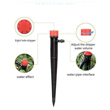 La Farah 100pcs Drip Irrigation Emitters for 1/4" Drip Irrigation Tubing,Adjustable 360 Degree Water Flow Drippers on 5" Arrow Stake, Garden Irrigation Drippers for (4-7mm) Watering System Kit
