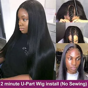 Nvnvdij U Part Human Hair Wig Straight Human Hair Wig 100% Brazilian Virgin Human Hair Wig for Black Women U Part Wig Natural Black Color 16inch