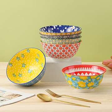 Porcelain Soup Cereal Bowls Set - Ceramic Bowls for Kitchen 23 oz - 6 Colorful Patterned Cute Bowl S...
