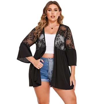 IN'VOLAND Women's Plus Size Lace Kimono Cardigan