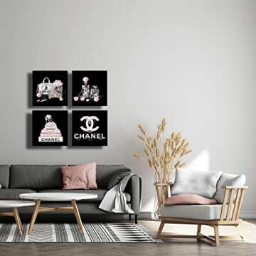 Meetdeceny Black And White Wall Art/Pink Book Pictures Room Decor for Teen Girls/Women Handbag Perfume Wall Decor for Living Room/Fashion Canvas Artwork Size 10"x 10"x 4 Pieces
