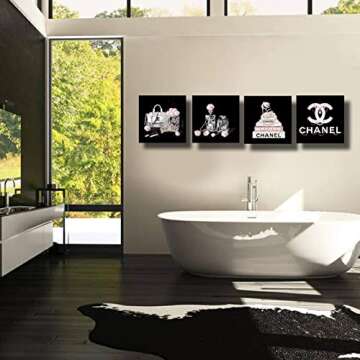 Meetdeceny Black And White Wall Art/Pink Book Pictures Room Decor for Teen Girls/Women Handbag Perfume Wall Decor for Living Room/Fashion Canvas Artwork Size 10"x 10"x 4 Pieces