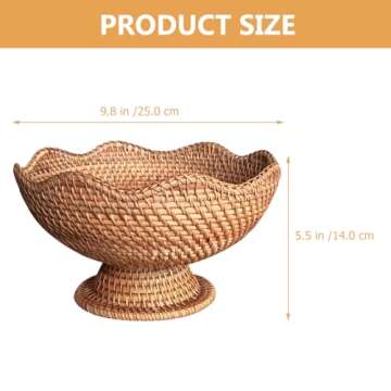 PRETYZOOM Rattan Fruit Bowl, 10 inch Natural Wicker Basket Fruit Plate Bread Display Stand with Base, Kitchen Counter Wicker Storage Basket Storage Serving Baskets