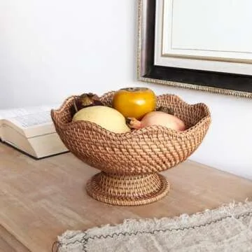 PRETYZOOM Rattan Fruit Bowl, 10 inch Natural Wicker Basket Fruit Plate Bread Display Stand with Base, Kitchen Counter Wicker Storage Basket Storage Serving Baskets