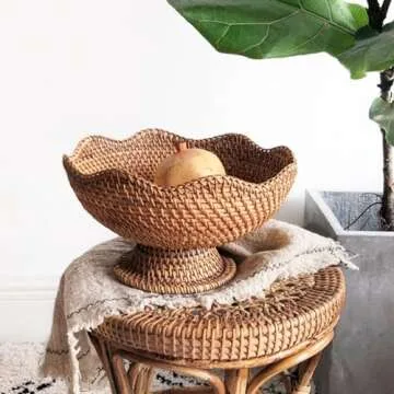 PRETYZOOM Rattan Fruit Bowl, 10 inch Natural Wicker Basket Fruit Plate Bread Display Stand with Base, Kitchen Counter Wicker Storage Basket Storage Serving Baskets