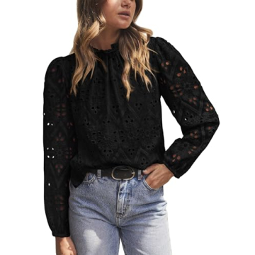 PRETTYGARDEN Tops for Women Trendy 2025 Spring Long Sleeve Blouses Dressy Casual Embroidered Eyelet ...
