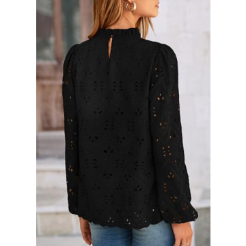 PRETTYGARDEN Tops for Women Trendy 2025 Spring Long Sleeve Blouses Dressy Casual Embroidered Eyelet Going Out Shirts (Black,XX-Large)