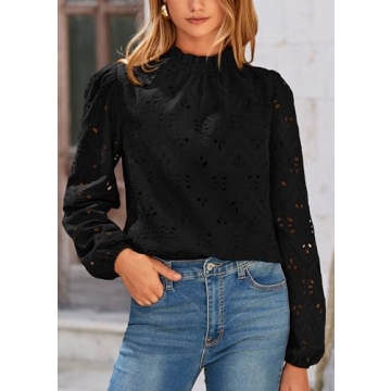 PRETTYGARDEN Tops for Women Trendy 2025 Spring Long Sleeve Blouses Dressy Casual Embroidered Eyelet Going Out Shirts (Black,XX-Large)
