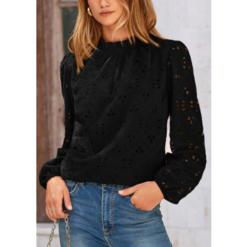 PRETTYGARDEN Tops for Women Trendy 2025 Spring Long Sleeve Blouses Dressy Casual Embroidered Eyelet Going Out Shirts (Black,XX-Large)