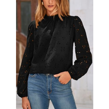 PRETTYGARDEN Tops for Women Trendy 2025 Spring Long Sleeve Blouses Dressy Casual Embroidered Eyelet Going Out Shirts (Black,XX-Large)