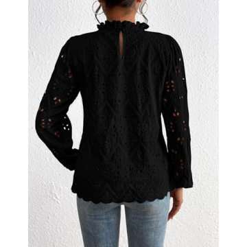 PRETTYGARDEN Tops for Women Trendy 2025 Spring Long Sleeve Blouses Dressy Casual Embroidered Eyelet Going Out Shirts (Black,XX-Large)