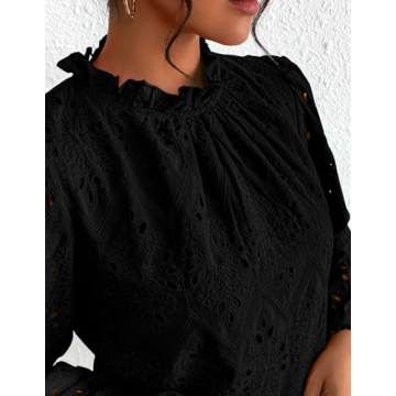 PRETTYGARDEN Tops for Women Trendy 2025 Spring Long Sleeve Blouses Dressy Casual Embroidered Eyelet Going Out Shirts (Black,XX-Large)