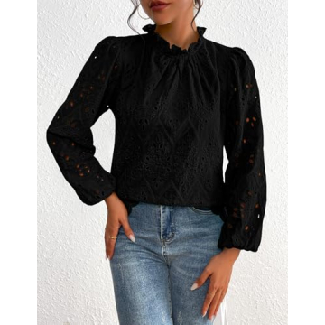 PRETTYGARDEN Tops for Women Trendy 2025 Spring Long Sleeve Blouses Dressy Casual Embroidered Eyelet Going Out Shirts (Black,XX-Large)