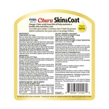 INABA Churu Lickable Purée Natural Cat Treats for Skin and Coat with Omega Oils, Taurine and Vitamin E, 0.5 Ounces Each Tube, 50 Tubes, Skin & Coat Variety