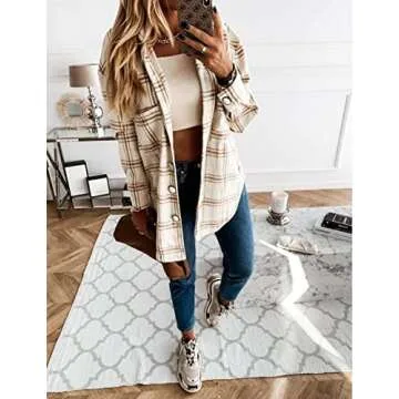 StunShow Ladies Button Shirt Long-Sleeved Plaid top Regular-fit Casual T-Shirt with Pockets Khaki Medium