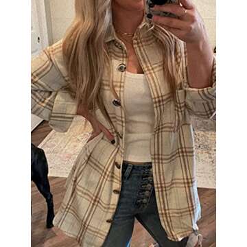 StunShow Ladies Button Shirt Long-Sleeved Plaid top Regular-fit Casual T-Shirt with Pockets Khaki Medium