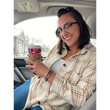 StunShow Ladies Button Shirt Long-Sleeved Plaid top Regular-fit Casual T-Shirt with Pockets Khaki Medium