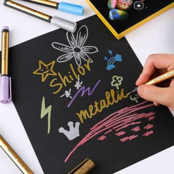 Sunshilor Metallic Marker Pens Medium Point Metallic Pens for Black Paper, Art Rock Painting, Halloween Pumpkin, Easter Egg, Ceramic, Wine Glass, Mug, Plastic, Wood, Scrapbook Crafts, 10 Colors