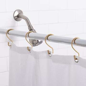 Bath Bliss 12 Pack S-Hook Shower Curtain Rings | Bathroom | Metal S Shaped Hooks | Easy Glide | Easy to Install | Hang Mugs, Pans, Towels | Satin Gold