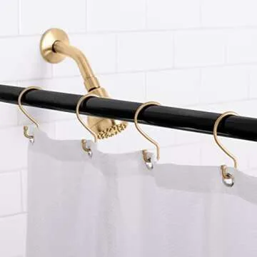 Bath Bliss 12 Pack S-Hook Shower Curtain Rings | Bathroom | Metal S Shaped Hooks | Easy Glide | Easy to Install | Hang Mugs, Pans, Towels | Satin Gold