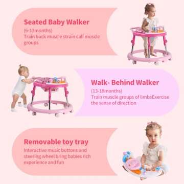 ErmeiRabbit Baby Walker Foldable, Baby Walkers and Activity Center for Boys Girls Babies 6-18 Months with Feeding Tray & Music, and 5 Adjustable Heights, Baby Walker with Wheels…