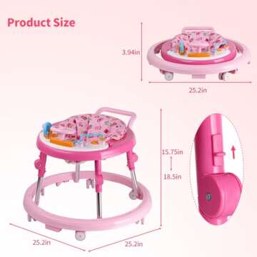 ErmeiRabbit Baby Walker Foldable, Baby Walkers and Activity Center for Boys Girls Babies 6-18 Months with Feeding Tray & Music, and 5 Adjustable Heights, Baby Walker with Wheels…