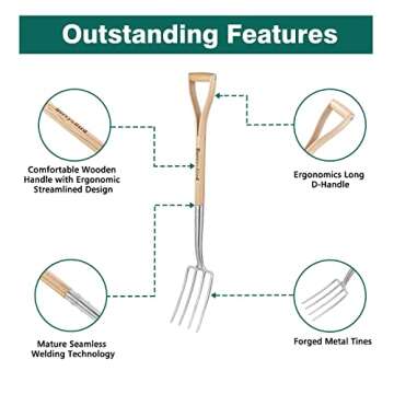 Berry&Bird Gardening Digging Fork, 4-Tine Stainless Steel Pitchfork, 43.9" Heavy Duty Spading Fork with D-Grip Handle and Ergonomic Ash Wood Handle for Digging, Planting, Cultivating, Aerating
