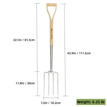 Berry&Bird Gardening Digging Fork, 4-Tine Stainless Steel Pitchfork, 43.9" Heavy Duty Spading Fork with D-Grip Handle and Ergonomic Ash Wood Handle for Digging, Planting, Cultivating, Aerating