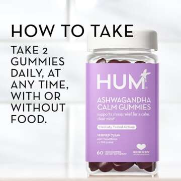 HUM Ashwagandha Calm- L-Theanine & Ashwagandha for Daily Relaxation & Mood Support - Mixed Berry Flavor (60-Count)
