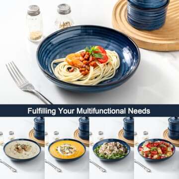 Hasense Pasta Bowls, 32 Oz Ceramic Serving Bowls Set of 4-8.7 Inch Serving Dishes for Salad, Pasta, Soup, Fruit - Blue Dinner Plate Bowls for Home Gift, Dishwasher & Microwave Safe