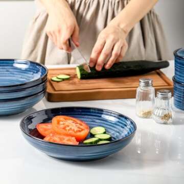 Hasense Pasta Bowls, 32 Oz Ceramic Serving Bowls Set of 4-8.7 Inch Serving Dishes for Salad, Pasta, Soup, Fruit - Blue Dinner Plate Bowls for Home Gift, Dishwasher & Microwave Safe