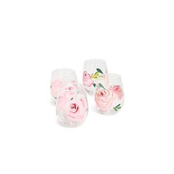Two's Company Hand-Painted Roses Stemless Wine Glass - Set of 4