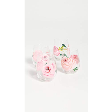 Unique Hand-Painted Roses Stemless Wine Glass Set