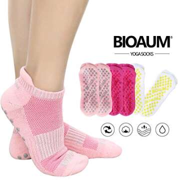 BIOAUM Yoga Socks for Women - 6 Pairs Cotton Cushion Non Slip Grip Slipper Pilates Hospital Socks