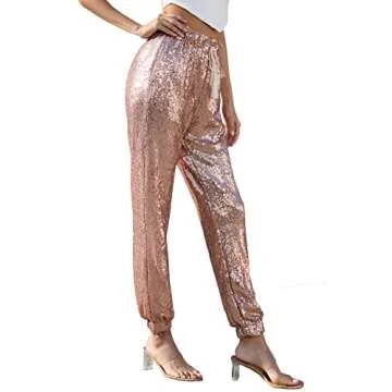 IUALXYBB Womens Glitter Sequin Joggers Pants Sequin Ladies Casual Skinny Pants (Gold,L,Large)