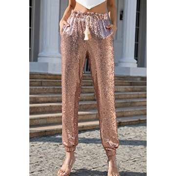 IUALXYBB Womens Glitter Sequin Joggers Pants Sequin Ladies Casual Skinny Pants (Gold,L,Large)