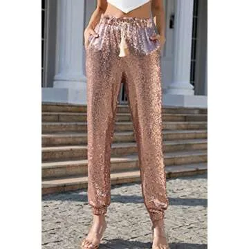 IUALXYBB Womens Glitter Sequin Joggers Pants Sequin Ladies Casual Skinny Pants (Gold,L,Large)
