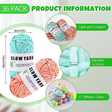 Timgle 36 Rolls Glow in The Dark Yarn Multi Color Luminous Crochet Yarn for Crocheting DIY Glow Yarn Thread Knitting Shining Glowing Yarn for Arts Sewing Thread Crafts Party Supplies, 58 yd Per Roll