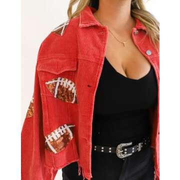 happlan Football Sequin Embroidery Cropped Frayed Hem Vintage Washed Corduroy Jacket Coat Shacket fo...