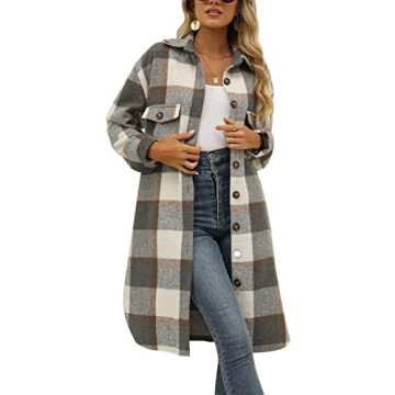 SeekMe Women's Plaid Long Shirt Jacket Button Down Long Sleeve Lapel Collar Pocket Shacket(0449-DarkGrey-L-FY)