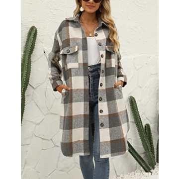 SeekMe Women's Plaid Long Shirt Jacket Button Down Long Sleeve Lapel Collar Pocket Shacket(0449-DarkGrey-L-FY)