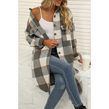SeekMe Women's Plaid Long Shirt Jacket Button Down Long Sleeve Lapel Collar Pocket Shacket(0449-DarkGrey-L-FY)