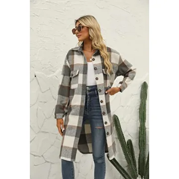 SeekMe Women's Plaid Long Shirt Jacket Button Down Long Sleeve Lapel Collar Pocket Shacket(0449-DarkGrey-L-FY)