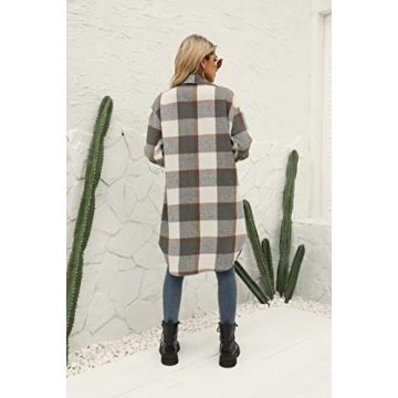 SeekMe Women's Plaid Long Shirt Jacket Button Down Long Sleeve Lapel Collar Pocket Shacket(0449-DarkGrey-L-FY)