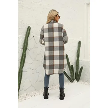 SeekMe Women's Plaid Long Shirt Jacket Button Down Long Sleeve Lapel Collar Pocket Shacket(0449-DarkGrey-L-FY)