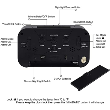 Digital Alarm Clock with Night Light Temperature Display