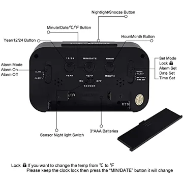 Digital Alarm Clock with Night Light Temperature Display
