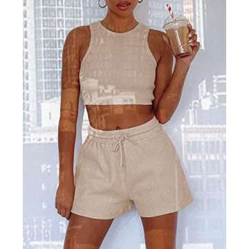 Lingswallow 2 Piece Women Lounge Sets - Sleeveless Crop Top and Shorts Waffle Lounge Set Tracksuits Sweatsuits for Women